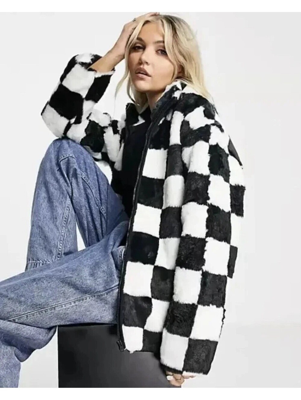 VANS Off The Wall NATALIE JACKET Faux Fur BLACK WHITE CHECKERBOARD XL Skate Coat
